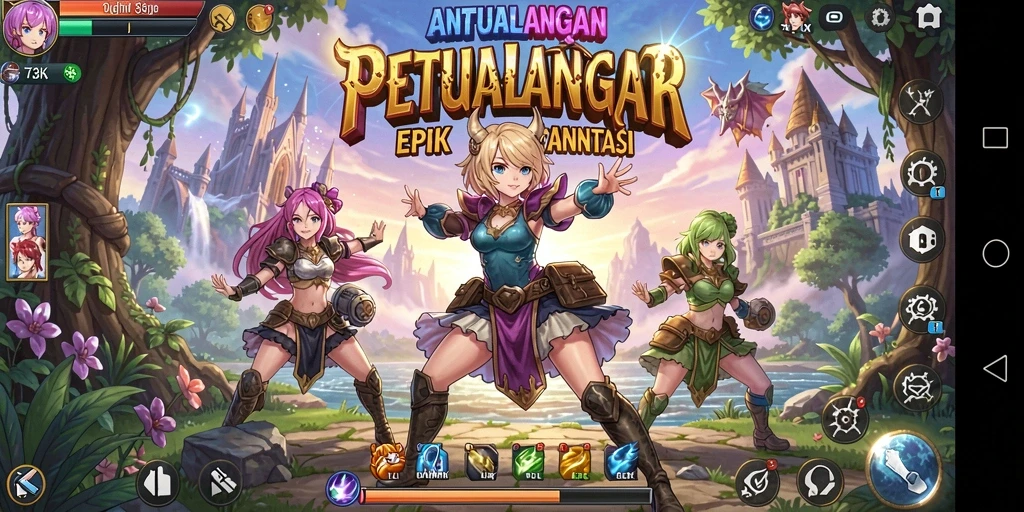 Tampilan gameplay menawan dari 73K dengan banyak karakter Anime.