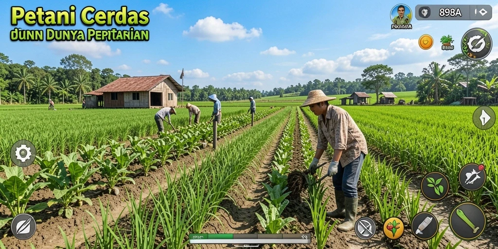Tampilan gameplay 898A yang menggambarkan aktivitas pertanian dan hasil panen.