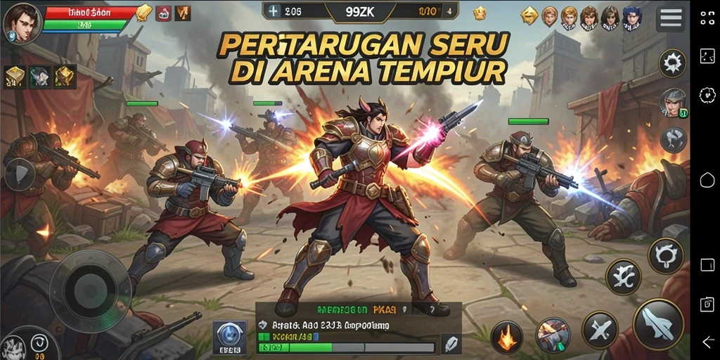 Screenshot gameplay 99ZK menampilkan duel intens antar karakter dengan latar belakang yang menarik.