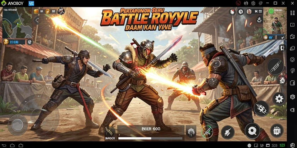 Tangkapan layar ANOBOY menampilkan aksi intens dalam pertempuran Battle Royale.