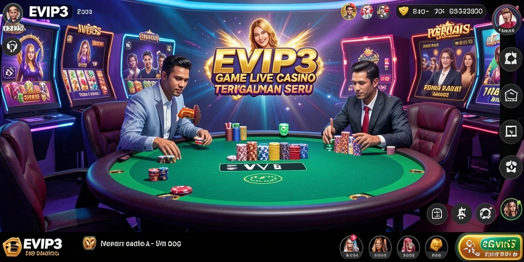 Screenshot gameplay EVIP3 yang menampilkan dealer dan meja permainan Live Casino.