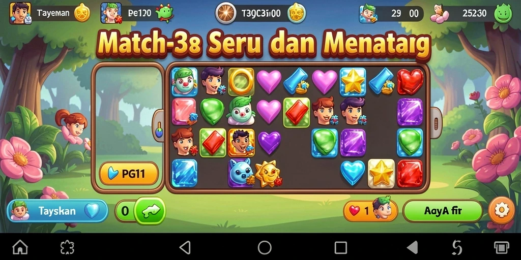 Tangkapan layar gameplay PG11 yang penuh warna dalam permainan Match-3.
