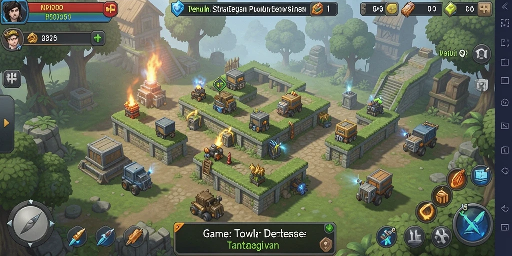 Screenshot gameplay RP8 dengan menara dan musuh yang menyerang.