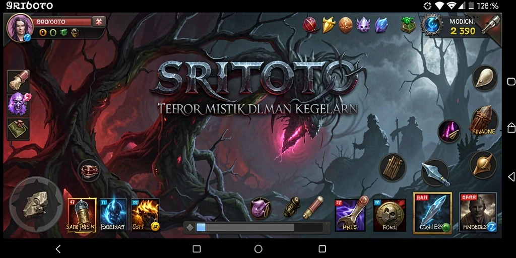 Screenshot gameplay SRITOTO menampilkan suasana mencekam dan elemen horor yang kuat.