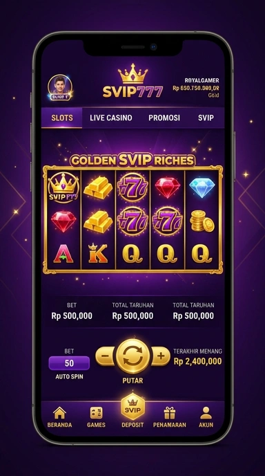 Tampilan aplikasi svip777 pada perangkat Android.